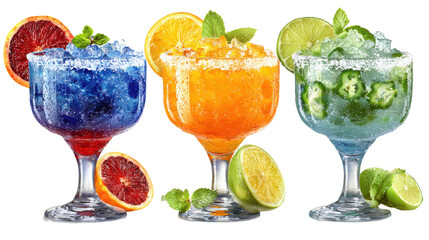 Spicy jalapeno blood orange blue frozen margarita on white background 