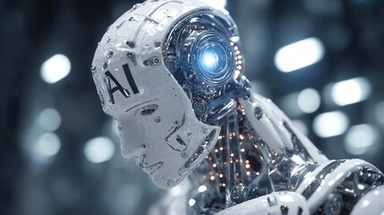 A futuristic AI android contemplates existence its sleek metallic form suggesting advanced technology with a shallow