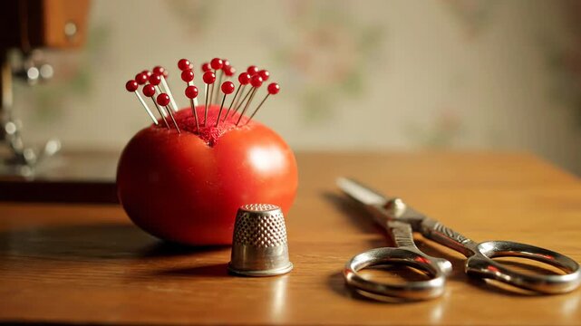 Traditional arrangement of sewing supplies, featuring a pincushion shaped like a tomato adorned with red pins, a thimble, and a pair of scissors