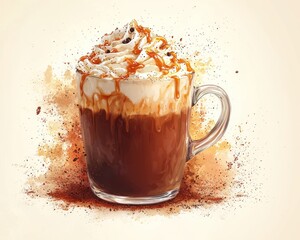 Caramel-topped hot chocolate in a glass mug, surrounded by a dramatic splash of cocoa powder