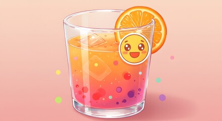 Mixed fruit juice glass with happy face, kawaii sticker