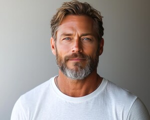 A man with a thoughtful expression, medium-light skin tone, light brown hair, and graying beard wearing a plain white t-shirt
