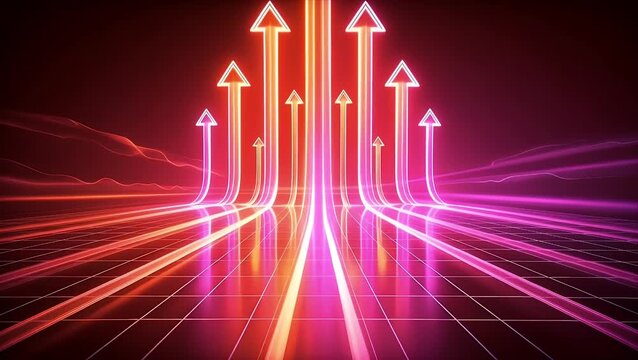 Neon arrows rising up abstract background for business growth and success concept 2k video
