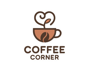 Obraz premium Modern coffee shop logo design featuring a warm coffee cup with heart-shaped steam and a coffee bean, perfect for cafes, branding, packaging, and cozy coffee-related themes.