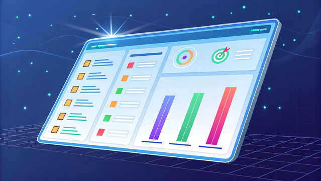 Digital dashboard displaying financial data and charts on a futuristic screen
