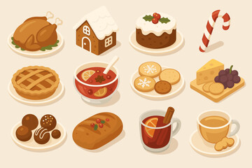 A set of 3D icons on the theme of Christmas cuisine and festive table, made in a warm, flat-volumetric style on a beige background.