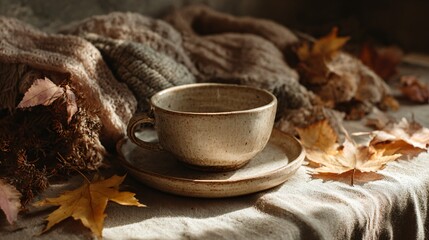 Cup and saucer on fabric with autumn leaves in a warm setting.