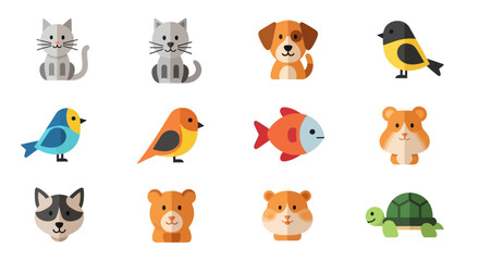 Obraz premium A charming collection of twelve cute cartoon pet and wild animal icons in a flat, stylized design.