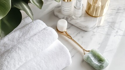Towels and beauty products on a marble surface with plant in the background.