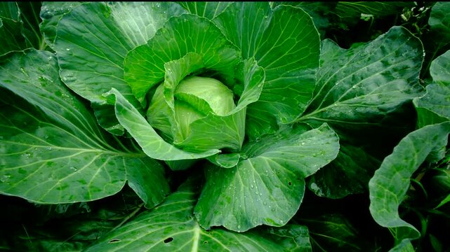 Closeup of white cabbage as central leaves curl inward to form a compact rounded shape or head and moving camera up revealing more well grown veggies in garden bed 