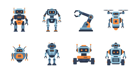 Fototapeta premium A diverse collection of eight modern flat design robot characters, including humanoids, a drone, and an industrial arm.