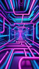Abstract futuristic neon lit corridor with glowing blue and pink pipes creating a vibrant tunnel of light and technology