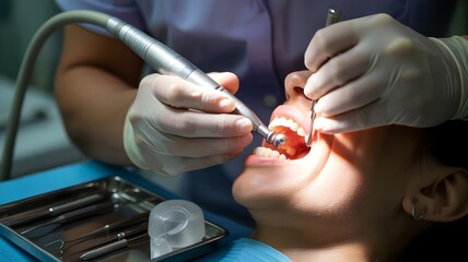 Ultra-Realistic Close-Up of Dental Cleaning Procedure: Dentist’s Hands Drilling Molar with Glistening Enamel and Red Gums, Sterile Tools in Bright Light, 2025 Oral Health Innovation Shot.