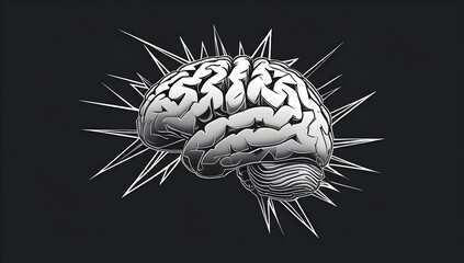 Fragmented Thoughts Brain Tattoo: White Line Brain Dissolving into Jagged Lines on Black Background – Chaotic Mind Art for 2025 Mental Health Awareness Trends