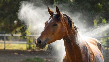 A brown horse is being sprayed with water, creating a mist, in a sunny outdoor setting.