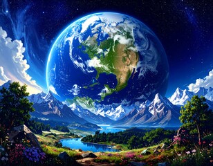 Earth, a majestic view through mountains and clouds