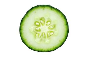 Close up macro shot of a fresh cucumber slice isolated against a transparent background