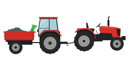 A simplified illustration of a red tractor pulling a trailer full of dirt
