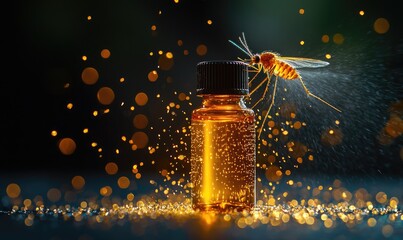 Amber glass bottle with liquid, mosquito, and glittering background