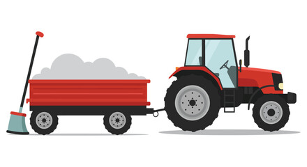 Red tractor pulling a trailer full of hay farming equipment shown