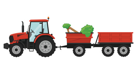 Red farm tractor pulling a trailer full of leafy green vegetables
