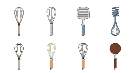Assorted Kitchen Utensils - Whisk, Spatula, and Dough Scraper Illustrations.