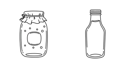 Simple line drawing illustration of a mason jar and glass bottle