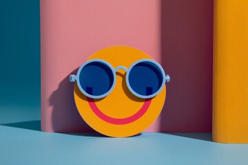 Fototapeta premium Yellow smiley face with sunglasses on colorful background
