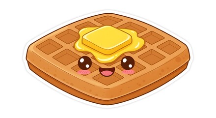 Waffle with happy face and butter topping, kawaii sticker