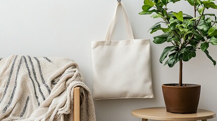 Interior setting with tote bag hanging on wall near chair and potted plant.