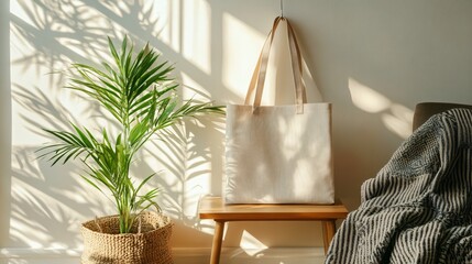 Tote bag on a stool next to a plant with shadows on the wall.