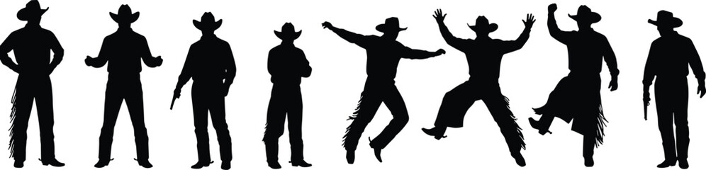 Cowboy silhouette set in dynamic poses, black and white illustration, western attire and expressive gestures, boots and hats, white background