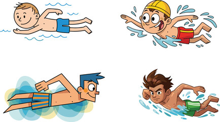 Cartoon boys swimming in pool water, kids training, water sports, healthy lifestyle, swimming exercise, summer fun, aquatic activity illustration