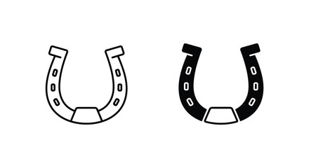 Two simple black and white illustrations of traditional horseshoes are shown