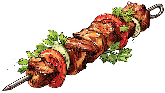 grilled kebab with vegetables, watercolor style clip art preview