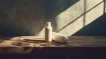 Two white bottles sit on a wooden surface with light shining on them.