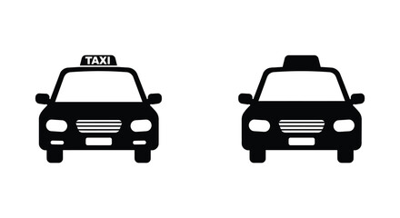 Two black silhouettes of taxi cabs facing forward on a white background