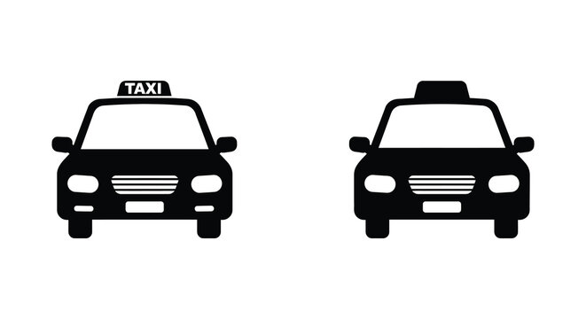 Two black silhouettes of taxi cabs facing forward on a white background