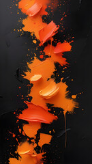 Vibrant orange paint splatters and drips creating an abstract vertical cascade against a dark textured background