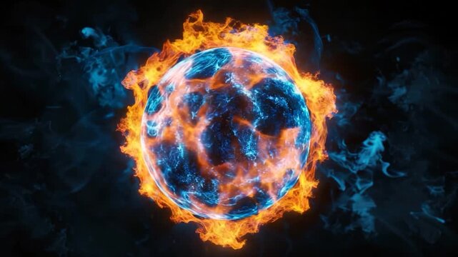 A vibrant blue and orange fireball against a dark background