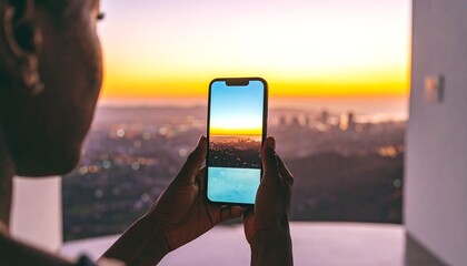 Person taking photo of sunset city skyline