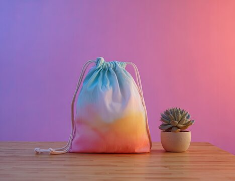 Tie-dye drawstring bag on wooden table, next to succulent