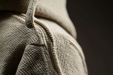 Close-up of a beige hooded sweatshirt showing texture and stitching details.