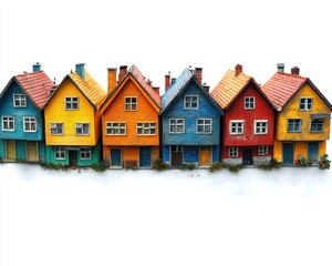 Colorful miniature houses in a row against a white background.  Small, detailed buildings