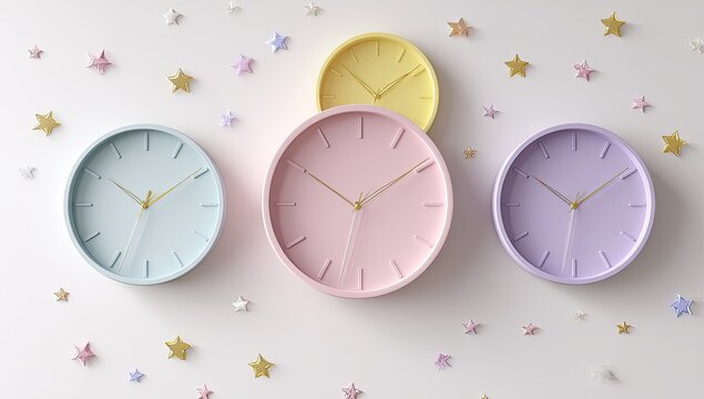 Pastel-colored clocks with gold hands on a white background adorned with scattered stars