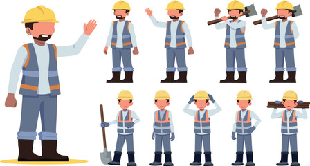 Editable Cartoon Flat Vector Illustration of a Diverse Team of Construction Workers in Hard Hats Showing Various Job Tasks and Roles.