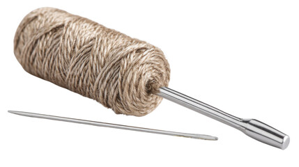 A single sewing needle with thread partially inserted isolated on white background 