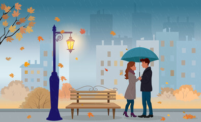 Couple, guy and girl, standing under umbrella, rainy autumn evening street, lantern, bench, falling leaves, city buildings on background. For postcards, posters, seasonal design. Vector illustration.