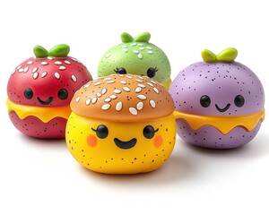 Four cute, cartoon hamburger-shaped toys in various colors