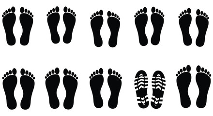 A series of black footprints depicting different sole patterns and shapes